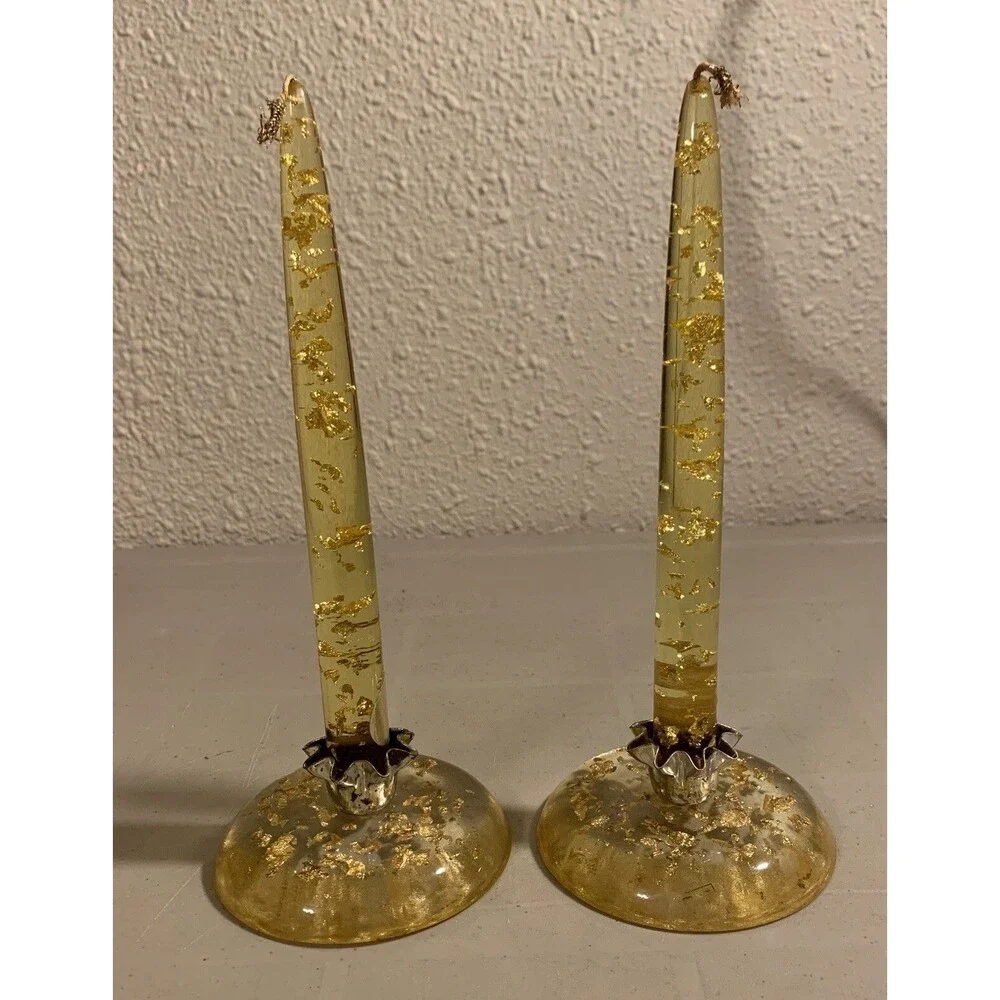 1960’s Lucite Candles 8” Gold Fleck Clear Orange & Holders Set MCM Christmas
